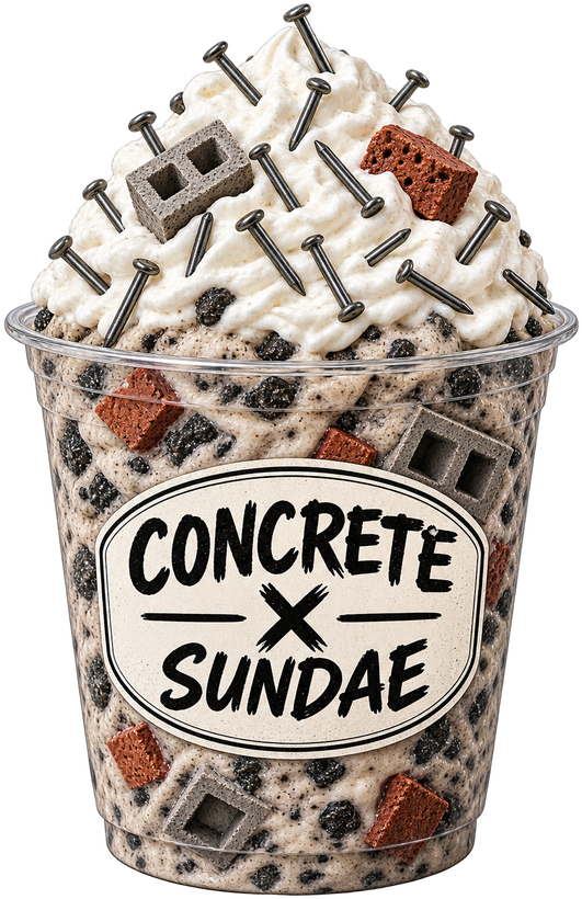 The Concrete &times; Sundae cup — concrete blizzard with nails and a cinder block on top